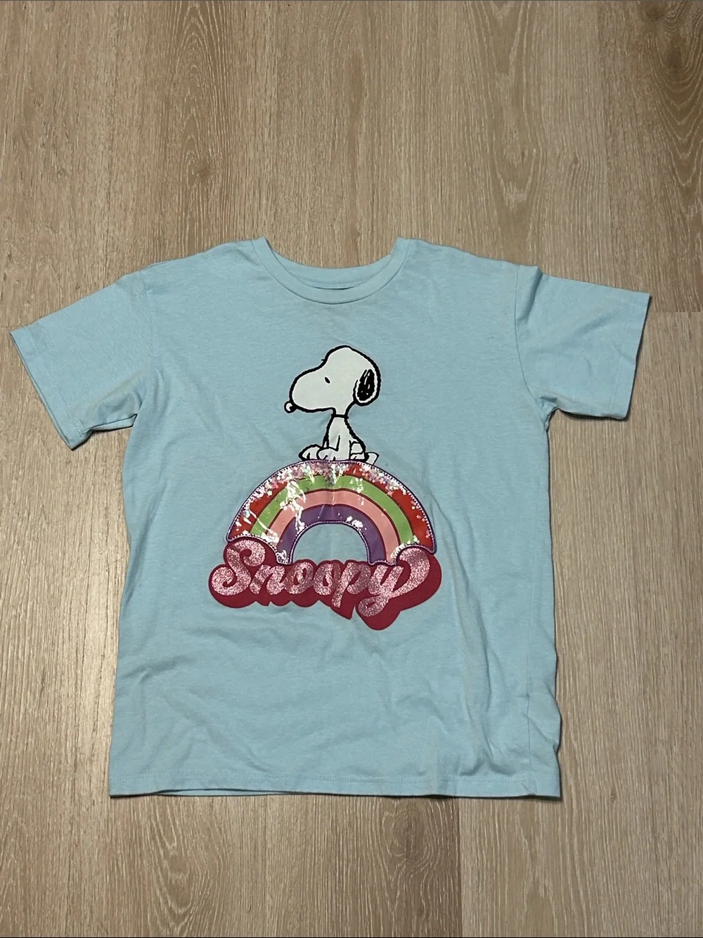 Peanuts Snoopy Light Blue Rainbow Sequin Star Bubble Girls Graphic Tee Sz XL